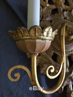 Pair of Vintage Italian Gilded Cast Plaster Gold Lit Wall Sconces