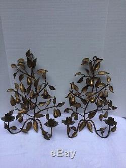 Pair of Vintage Italian Gilt Toleware Wall Sconces Candleholders Fruit Pairs