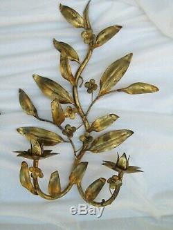 Pair of Vintage Italian Gold Gilt Tole Leaves Flower Candle Wall Sconces 18