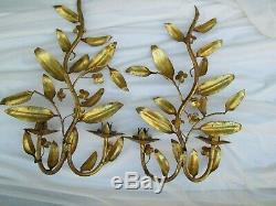 Pair of Vintage Italian Gold Gilt Tole Leaves Flower Candle Wall Sconces 18