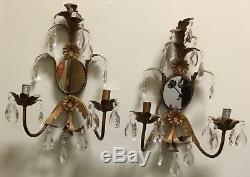 Pair of Vintage Mirrored Wall Sconces Crystal Prisms