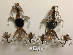 Pair of Vintage Mirrored Wall Sconces Crystal Prisms
