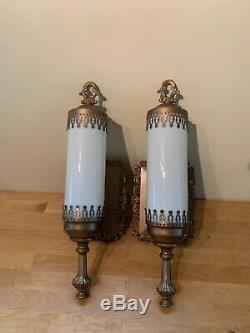 Pair of Vintage Ornate Gold Metal Wall Sconces Electric Light Fixtures with Globes