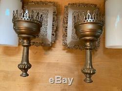Pair of Vintage Ornate Gold Metal Wall Sconces Electric Light Fixtures with Globes