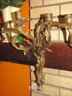 Pair of Vintage Vintage Gilt Brass Bronze Wall Sconces Candelabra Candle Rococo