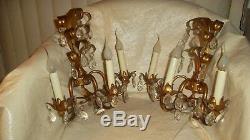 Pair of Vtg Electric Gold Gilt Wall Sconces with Prisms, 3 Arms Each, Very Ornate