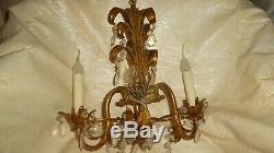 Pair of Vtg Electric Gold Gilt Wall Sconces with Prisms, 3 Arms Each, Very Ornate