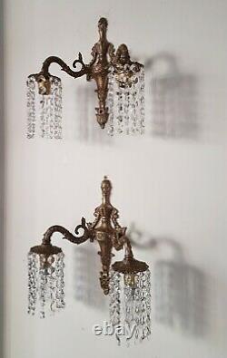 Pair of Wall Lights Down Lights with Strings of Crystals Vintage Bohemian