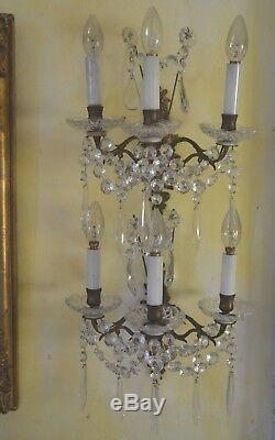 Pair of antique French Napoleon III solid bronze wall sconces cut glass prisms
