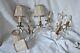 Pair of antique French solid bronze wall sconces cut glass prisms, fabric shades