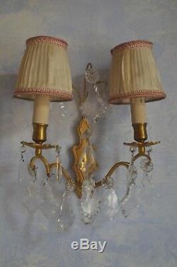 Pair of antique French solid bronze wall sconces cut glass prisms, fabric shades