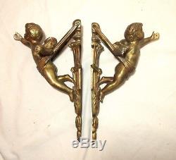Pair of antique gilt bronze figural cherub wall sconce hooks fixtures brass
