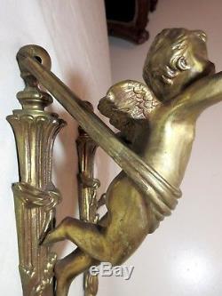 Pair of antique gilt bronze figural cherub wall sconce hooks fixtures brass
