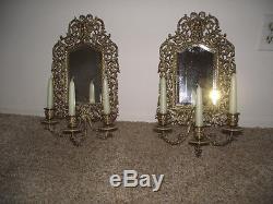 Pair of antique solid brass mirrored wall sconces