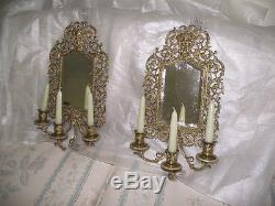 Pair of antique solid brass mirrored wall sconces
