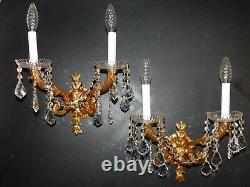 Pair of golden brass vintage wall sconces. Quality lead crystal