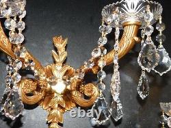 Pair of golden brass vintage wall sconces. Quality lead crystal