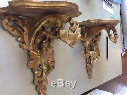 Pair of lovely, antique Italian carved wood, gold gilt wall brackets/sconces