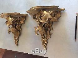 Pair of lovely, antique Italian carved wood, gold gilt wall brackets/sconces