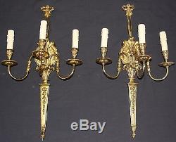 Pair of three-armed Dore Bronze Sconces antique/vintage/gilt/cast wall fixtures