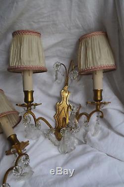 Pair of vintage French 2 armed bronze wall sconces, prisms, lamp shades