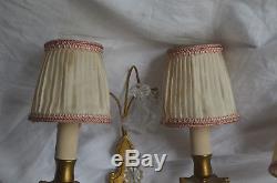 Pair of vintage French 2 armed bronze wall sconces, prisms, lamp shades