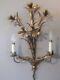 Pair vintage gold painted metal floral 2 light electric light wall sconces