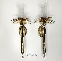 Palm Tree Brass Wall Sconces Heavy Candle Holders Hollywood Regency Decor 21