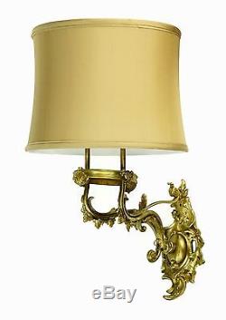Period French Bronze Wall Sconces c1920 Silk Lamp Rococo Gold Ornate Vintage