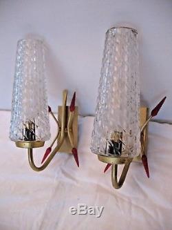 Pir of vintage mid century gold & red wall sconce lights with cut glass shades