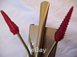 Pir of vintage mid century gold & red wall sconce lights with cut glass shades