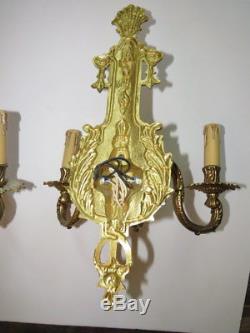 Pr Antique Gilt Brass Electric French Wall Sconces Italian Fruit Candelabra Vtg