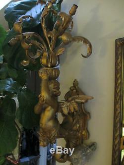 Pr Antique Italian Carved/Gilt Wood Putti/Cherub/Angel Wall sconces/chandeliers