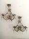 Pr Antique Italian Florentine Gilt Wall Candle Sconces Crystal Prisms Italy Tole