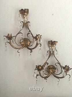 Pr Antique Italian Florentine Gilt Wall Candle Sconces Crystal Prisms Italy Tole
