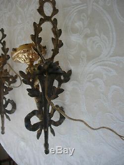 Pr. E F Caldwell Gilt Brass Single Arm Ornate Wall Sconces Gilt Bronze Antique