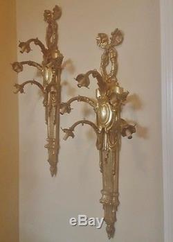 Pr Giant 41 Antique French Empire Brass Bronze 5 Light Wall Sconces Rose Shade