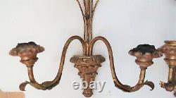 Pr Italian Hollywood Regency Gilt Metal Tole Candle Stick Wall Sconce Wood Wheat