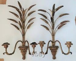 Pr Italian Hollywood Regency Gilt Metal Tole Candle Stick Wall Sconce Wood Wheat