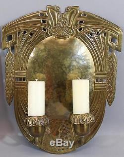 Pr Large Antique German Secessionist Hammered Figural Brass Candle Wall Sconces