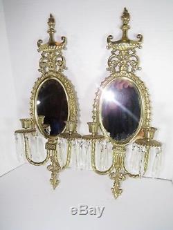 Pr Vintage Brass Wall Sconce Candle Holders Glass Mirror Crystal Prisms Mirrored