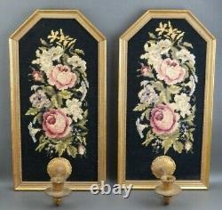 Pr Vintage Gold Framed Roses Wool Petit Needlepoint Candle Holder Wall Sconces