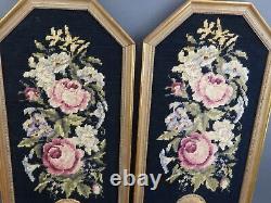 Pr Vintage Gold Framed Roses Wool Petit Needlepoint Candle Holder Wall Sconces