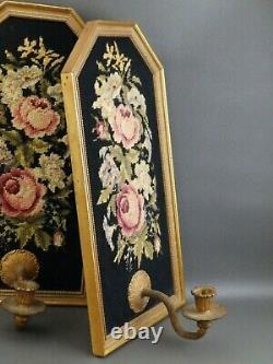 Pr Vintage Gold Framed Roses Wool Petit Needlepoint Candle Holder Wall Sconces