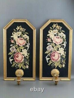 Pr Vintage Gold Framed Roses Wool Petit Needlepoint Candle Holder Wall Sconces