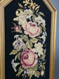 Pr Vintage Gold Framed Roses Wool Petit Needlepoint Candle Holder Wall Sconces