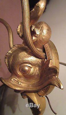 Quality antique ornate dore bronze electric figural dolphin wall sconce fixture