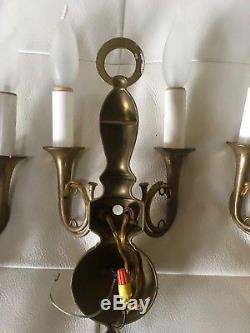 RARE 4 Chapman Vintage Brass French Hunt Horn Wall Sconces 2 Arm Candelabra