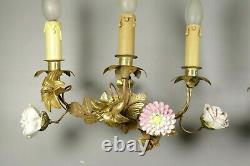 RARE French Antique Gilt Brass Porcelain Flowers Wall Sconces PAIR Lights 19thC