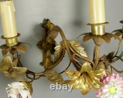 RARE French Antique Gilt Brass Porcelain Flowers Wall Sconces PAIR Lights 19thC
